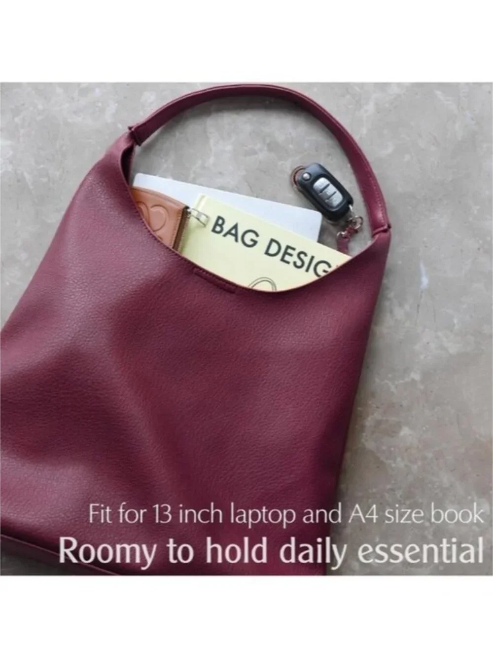 Women's Dark Red Vegan Leather Hobo Bag Slouchy Shoulder Tote Handbag 18